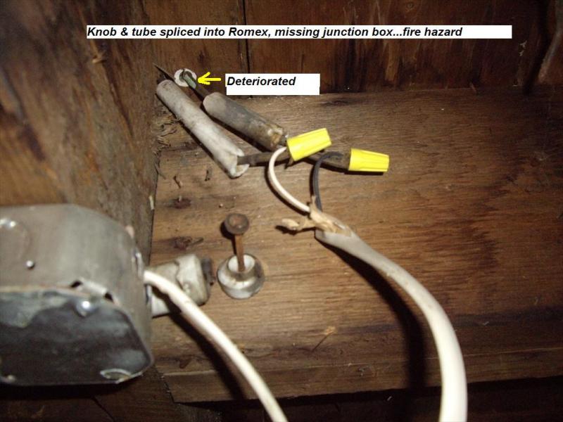 Connection to Knob and Tube wiring is not in an approved electrical box as required.